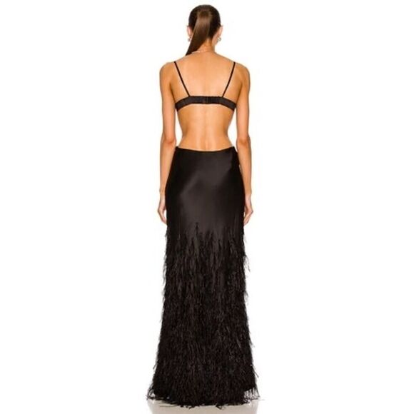 Cult Gaia Raisa Ostrich Feather Trimmed Silk Gown Black Small - Picture 5 of 10